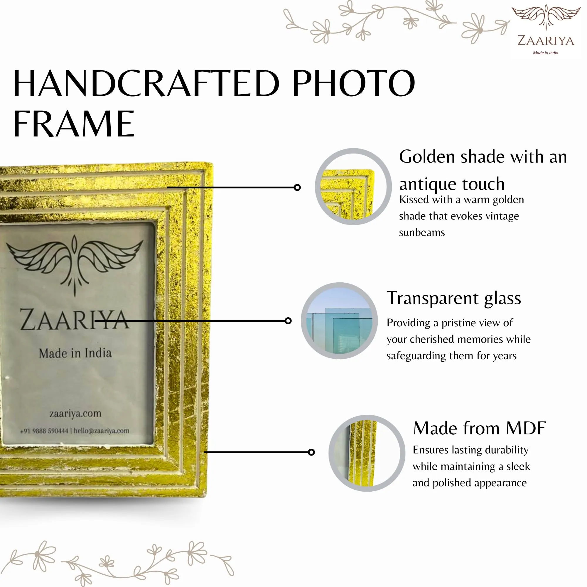 ZAARIYA Photo Frame 6.5 x 4.5 Inches | With Wall Mount and Stand | Picture Display for Wall Hanging, Shelf, Mantle, Gifting & Home Decor (Golden Shade with Antique Touch)