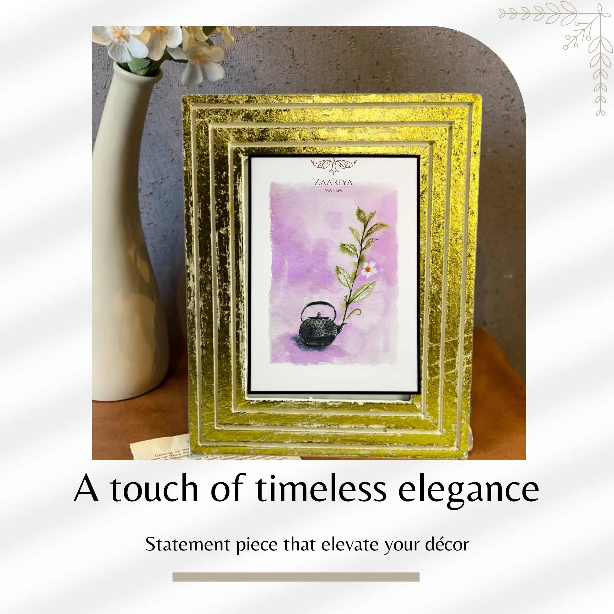ZAARIYA Photo Frame 6.5 x 4.5 Inches | With Wall Mount and Stand | Picture Display for Wall Hanging, Shelf, Mantle, Gifting & Home Decor (Golden Shade with Antique Touch)