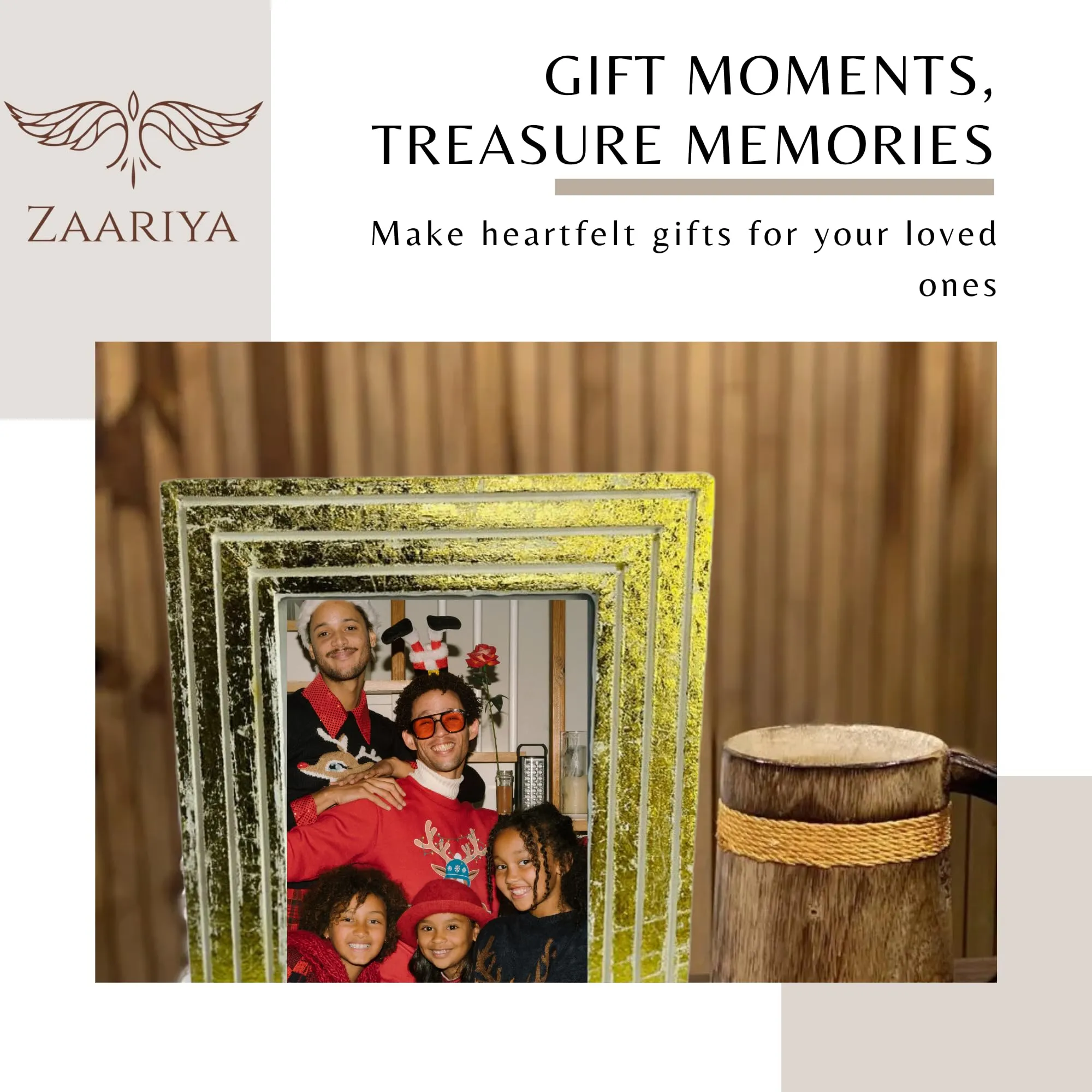 ZAARIYA Photo Frame 6.5 x 4.5 Inches | With Wall Mount and Stand | Picture Display for Wall Hanging, Shelf, Mantle, Gifting & Home Decor (Golden Shade with Antique Touch)
